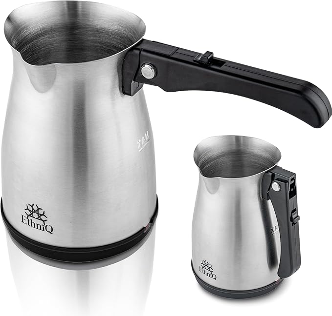 ETHNIQ Turkish Coffee Pot - Stainless Steel 120V 1 to 4 Cup Capacity Coffee Maker with Foldable Handle for Home &amp Travel &amp on-off Button (Slow Brew)