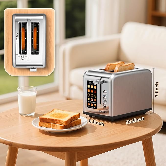 2 Slice Easy Touch Screen Toaster Stainless Steel Toaster with Wide Slots Even Toasting for Bagels &amp Bread Reheat &amp Defrost Removable Crumb Tray Silver