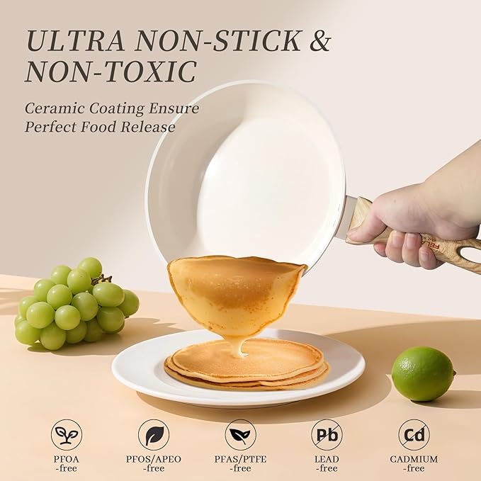 FELAMP Healthy Ceramic Nonstick Cookware Set 7-Piece PFOA/PFOS/Toxin-Free Pots &amp Pans Set for Induction &amp All Stovetops Dishwasher Safe with Glass LidsGift for New Home &amp Chefs