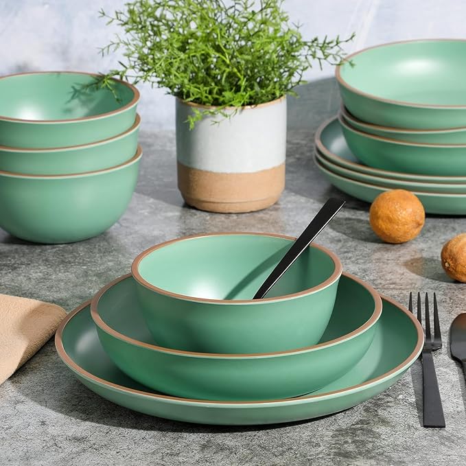 12-Piece Melamine Dinnerware Set – Double Bowl Lightweight Shatter-Resistant Plates and Bowls with Matte Finish – Dishwasher Safe Outdoor and Everyday Dining Set (Green)