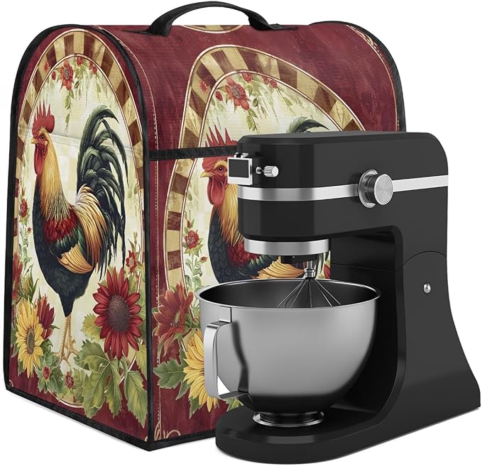 Kitchen Aid Mixer Cover Rooster Chicken Flower Vintage Stand Mixer Cover Compatible with 6-8 Quarts Stand Mixers Dust Covers with Zipper Pocket Foldable Washable Kitchen Aid Organizer Bag