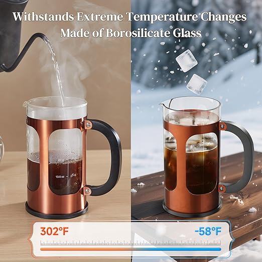 Veken French Press Coffee Maker 34oz 1 L No Plastic Touching Cafe Heat Resistant Thickened Borosilicate Glass Stainless Steel Brewer Cold Brew Cafetera Teapot for Kitchen Travel Camping Copper