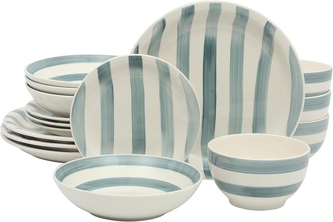 Gibson Home Kenwood Shores 16 Piece Dinnerware Set Blue Striped Hand-Painted Stoneware Dishes Plates and Bowls Service for 4 Microwave &amp Dishwasher Safe