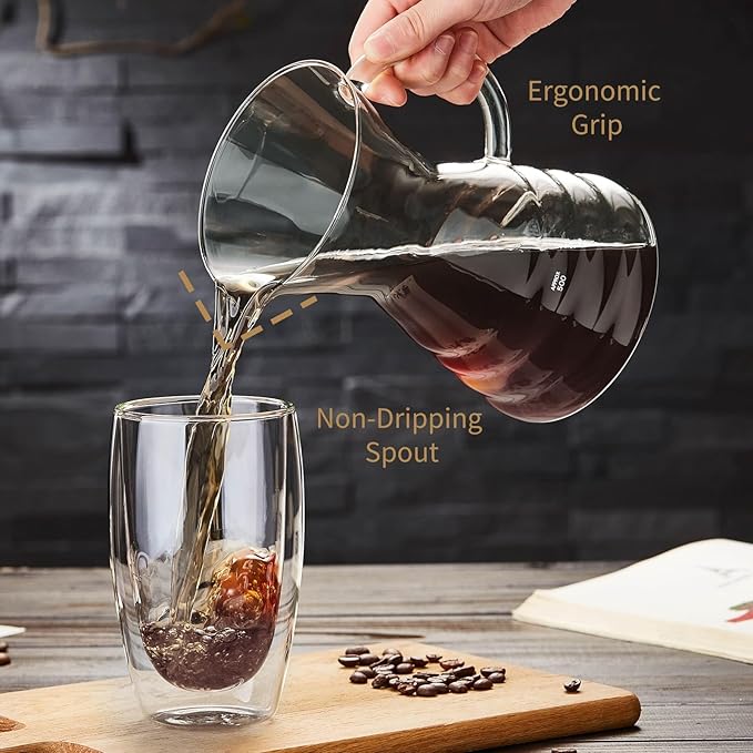 Unbreakable - Pour Over Coffee Maker with Permanent Stainless Filter 27 fl oz Thickened Heat-Resistant Borosilicate Glass Dripper Coffee Brewer Stovetop Safe Ink
