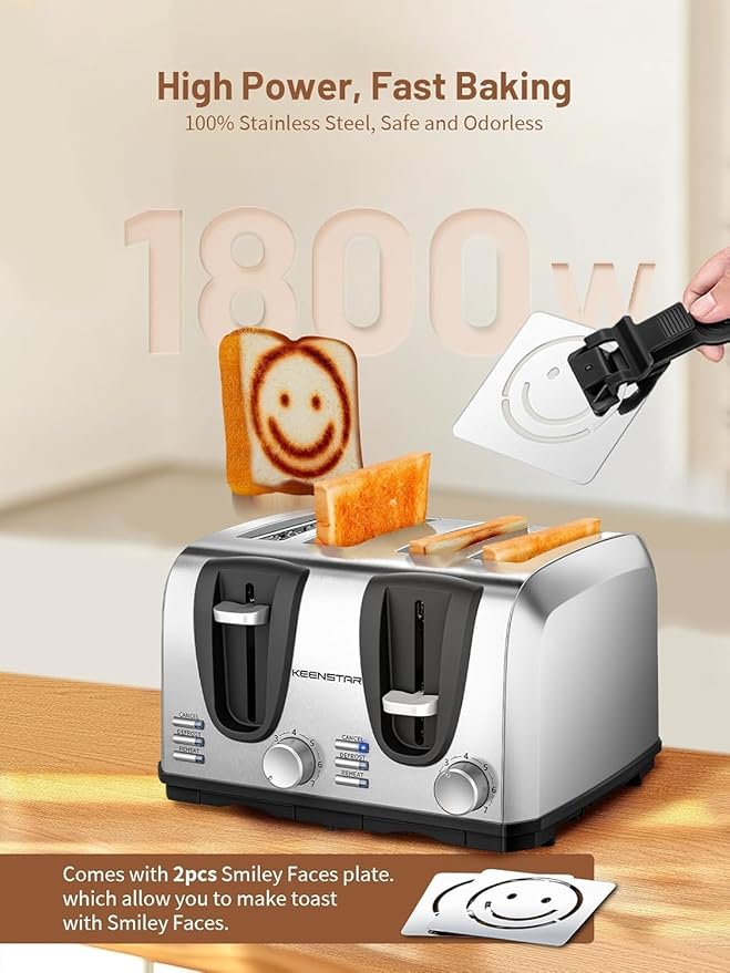 Keenstar Toaster 4 Slice Bread Toaster with Dual Control Panels Extra-Wide Slot of Bagel/Defrost/Cancel Function 7 Toasting Bread Shade Settings Removable Crumb Trays Auto Pop-Up Stainless Steel