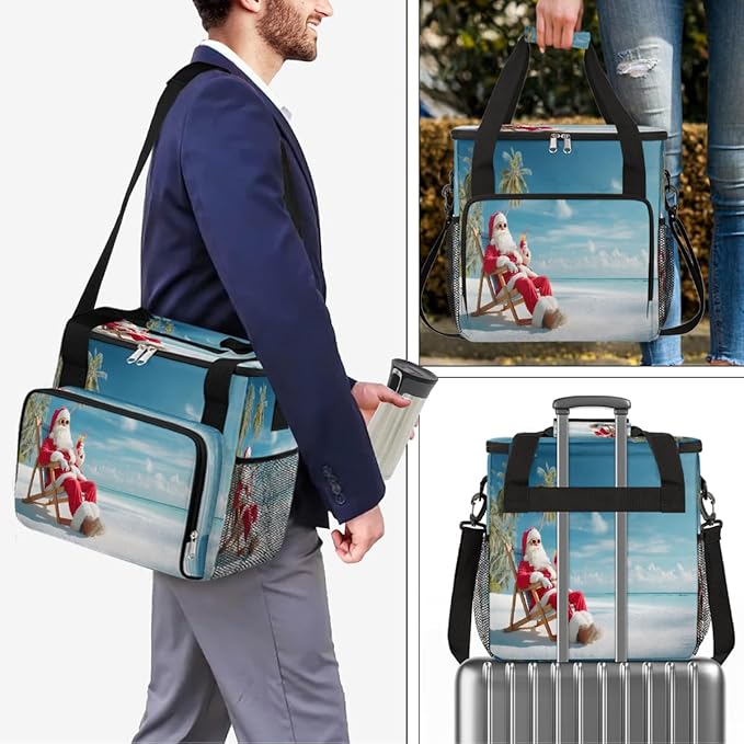 Merry Christmas Funny Santa Claus Beach Coffee Maker Carring Bag Travel Carrying Storage Tote Bag Compatible with Keurig K-Mini or K-Mini Plus Portable Single Serve Coffee Brewer Case with Pockets