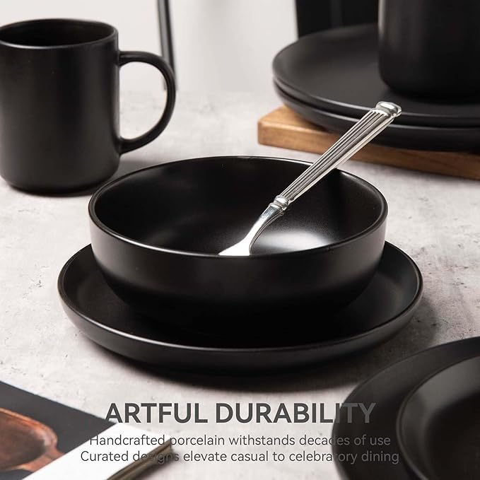 Plates and Bowls Sets 12 Pieces Stoneware Dinnerware Sets with Mugs Stackable Matte Glaze Kitchen Stoneware Plates and Bowls Set for 3 Microwave and Dishwasher Safe(Black)