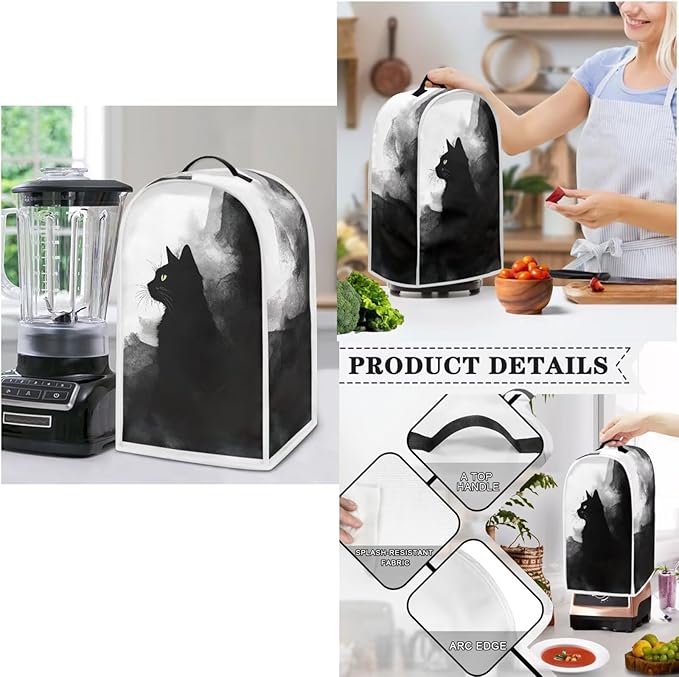 Ink Painting Black Cat Toaster Covers 4 Slice Wide Slot3Pcs Set Christmas Bread Machine Cover Slow Cookers Cover Blender Covers with Top Handle and Accessories Pocket Counter Decor