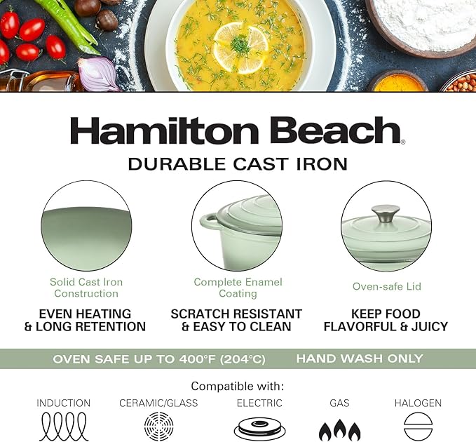 Hamilton Beach Enameled Cast Iron Dutch Oven 5.5-Quart Sage Cream Enamel Dutch Oven Pot with Lid