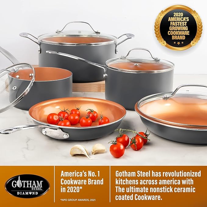 GOTHAM STEEL 13 Pc Ceramic Cookware Set Nonstick Copper Pots and Pans Set Non Stick for Kitchen Anodized Induction Pots and Pans for Cooking Non Toxic Cookware Sets Oven &amp Dishwasher Safe