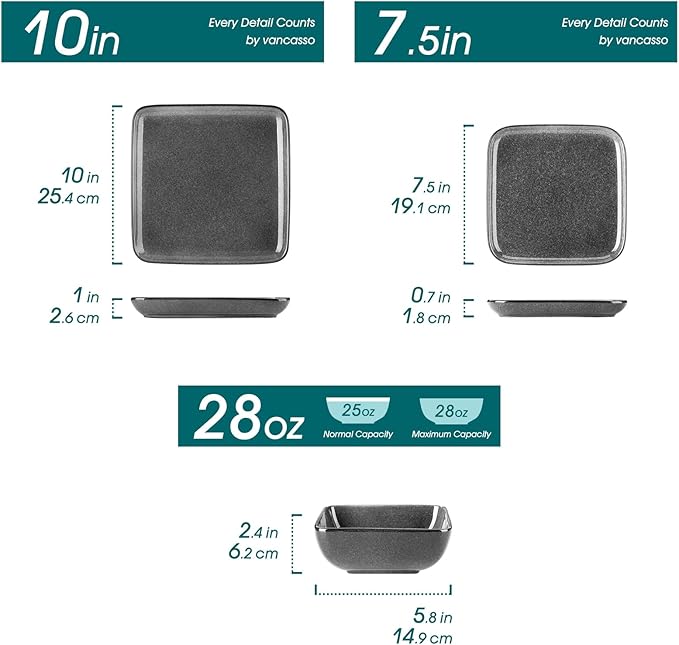 vancasso Stern Gray Dinner Set Square Reactive Glaze Tableware 12 Pieces Kitchen Dinnerware Stoneware Crockery Set with Dinner Plate Dessert Plate Bowl Service for 4