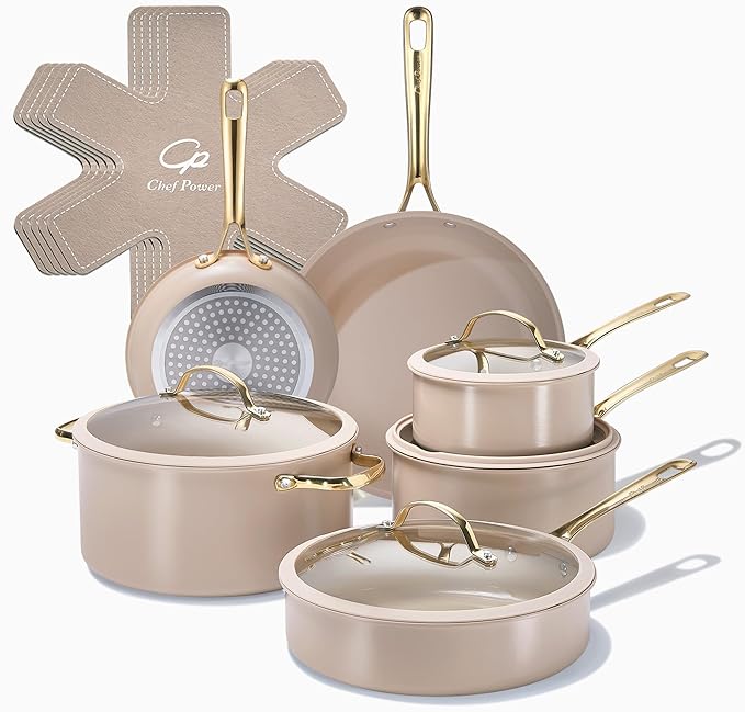 Chef Power Ceramic Cookware Sets 15Pcs Pots and Pans Set Non Stick Cookware Set with Stainless Steel Handle Dishwasher &amp Oven Safe Taupe and Light Gold Handle