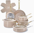 Chef Power Ceramic Cookware Sets 15Pcs Pots and Pans Set Non Stick Cookware Set with Stainless Steel Handle Dishwasher &amp Oven Safe Taupe and Light Gold Handle