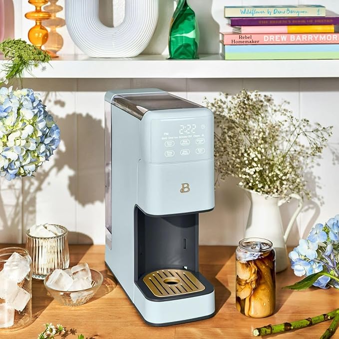 B - Perfect Grind Programmable Single-Serve Coffee Maker with Built-In Grinder Fresh Ground Brewing Touch Controls Reusable Filter Compact Countertop Design (Hydrangea)