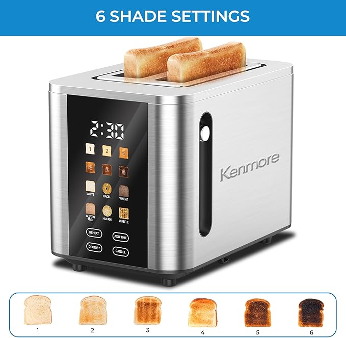 Kenmore 2-Slice Toaster - Color Touch Screen &amp 6 Shade Settings Extra Wide Slots Digital Countdown Timer Customizable Smart Presets Reheat Defrost Add Time Functions Stainless Steel