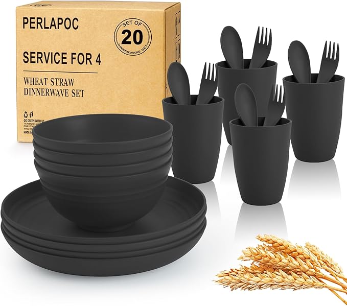 Wheat Straw Dinnerware Sets Unbreakable Kids Plates and Bowls Sets 20-Piece Service for 4 Alternative Plastic Outdoor Camping Dishes Microwave &amp Dishwasher Safe - Black