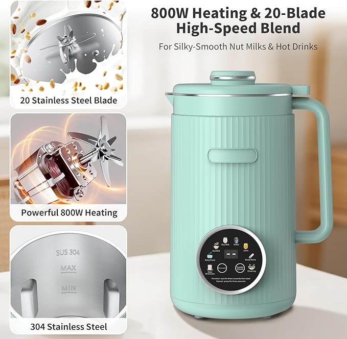 35oz Soy Milk Maker Machine: 8-in-1 Nut Milk Maker for Oat Milk Vegan Drinks Baby Food Blender - Plant-Based Milk Machine with Stainless Steel LED Touch Auto Shutoff (Green)