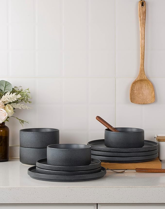 Famiware Dinnerware Set for 4 (12 Piece) and 8.25 Paste Bowl Set (4 Piece) and 4oz Dipping Bowl Set (6 Piece) - Star Stoneware Dishes - Matte Dark Charcoal