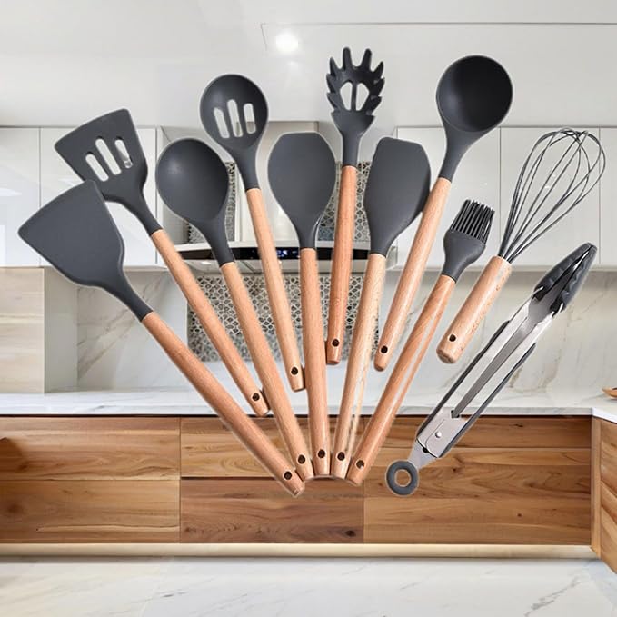 Kitchen Ceramic Cookware Sets 北欧风木柄硅胶厨具十二件套不粘锅烹饪锅铲勺收纳桶厨房 Kitchen Gadgets Cook Accessories 工具 KCookware Accessories - 1021