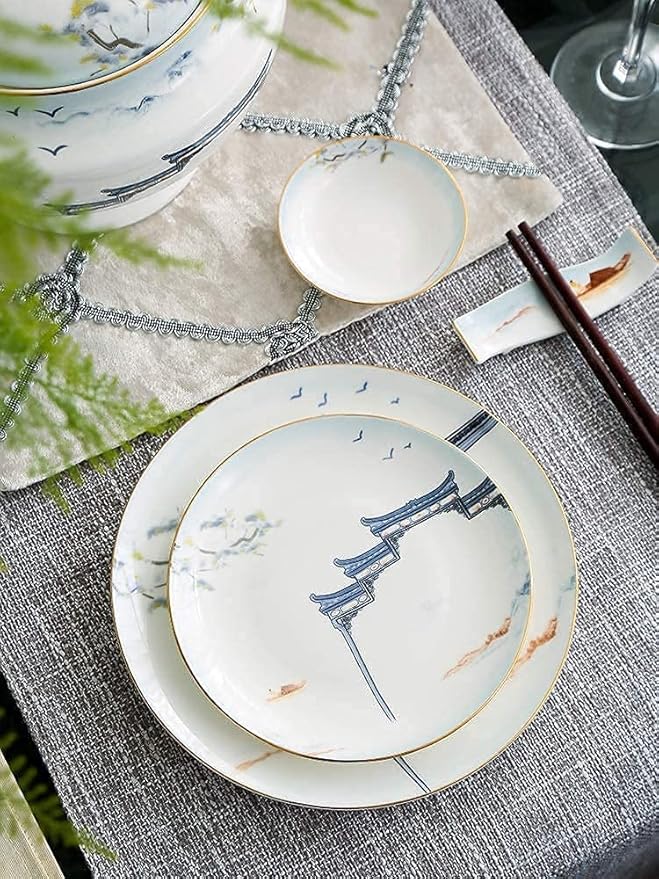 Dinnerware Set Dinner Party Tableware Service Set 11/28/50 PCS Chinese Style Dinnerware Set Bone China High-Value Tableware Bowl and Plate Set Home Gift Service (One Color 50pcs)