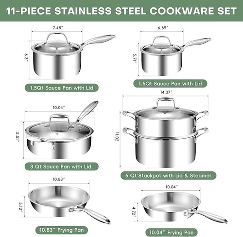 11-Piece Pots and Pans Set 18/10 Stainless Steel Cookware Set Induction Compatible PFOA-Free Coating Dishwasher Safe Includes Frying Pan &amp Sauce Pan with Lids