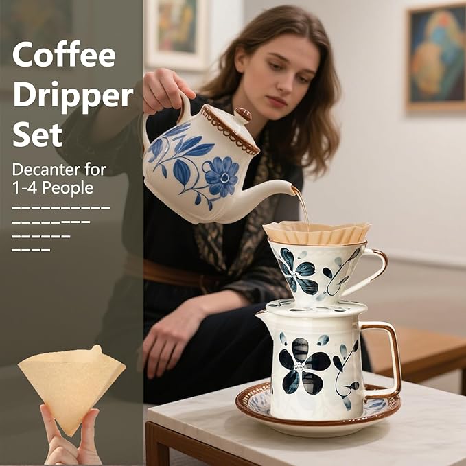 Ceramic Pour Over Coffee Maker Set Ceramic Coffee Dripper with Single Hole Coffee Pot &amp 100 Paper Filters for Home Travel Camping (1-2 Cup)