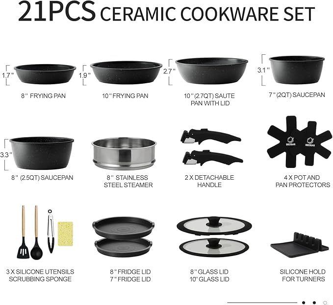 Nonstick Ceramic Cookware Set 21PCS with Detachable Handle Pans and Pots Set RV Kitchen Set Cookware Set Pan Pots with Removable Handles Oven Safe Induction Ready(Black)