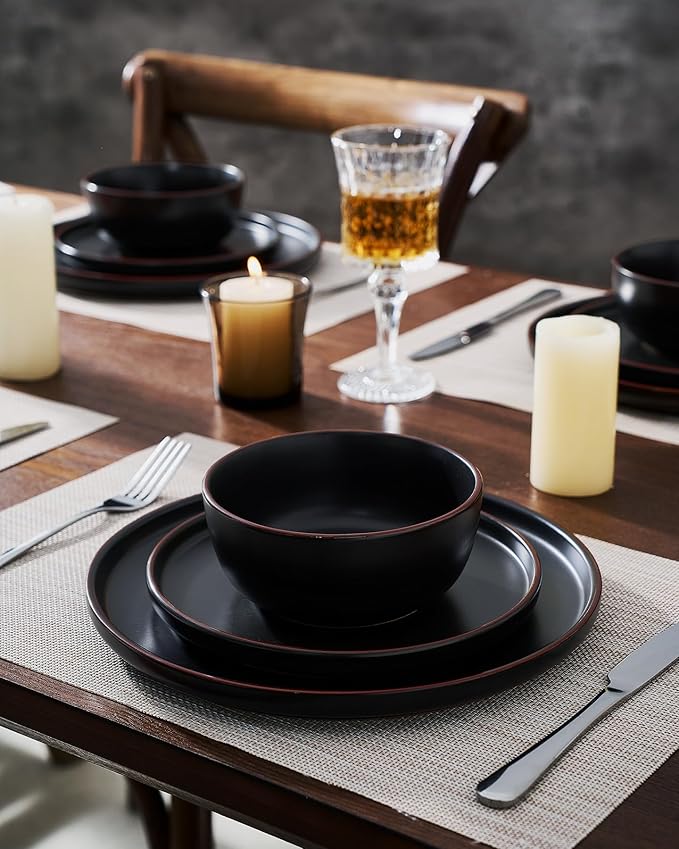 Famiware Mercury 24 Pieces Dinnerware Sets Plates and Bowls Sets for 8 Microwave and Dishwasher Safe Dish Set Matte Black
