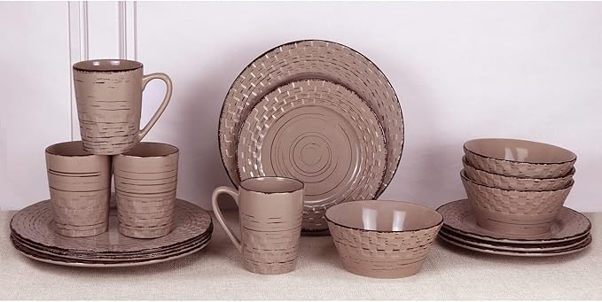 Lorren Home Trends 16 Piece Distressed Weave Dinnerware Set-Mocca