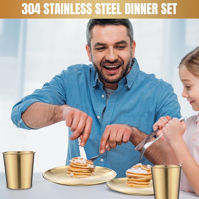 Jinei 24 Pcs 304 Stainless Steel Dinner Set Include 7 Inch 10 Inch Stainless Steel Plates Bowls and Cups Reusable Metal Utensils Dinnerware for Home Outdoor Picnic Kitchen (Gold)