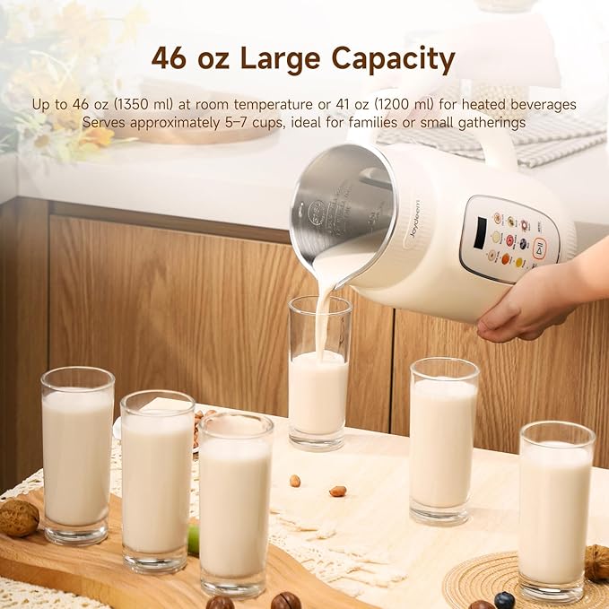 Joydeem Nut Milk Maker MachineAdjustable Temperature Control 46oz Almond Soy Oat Coconut Plant-Based Non-Dairy Beverage Blender with 10 Blades Auto Clean Boil Water Timer Keep Warm White