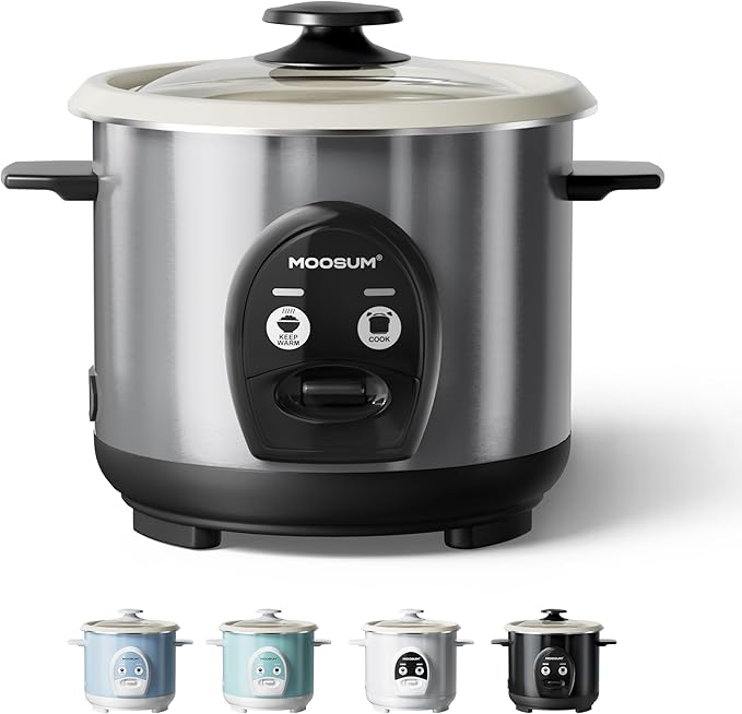 3-Cup Uncooked Rice Cooker Small - Ceramic Coating Non-Toxic Inner Pot One-Touch Multifunction for Rice/Sauté/Yogurt Dishwasher Safe 1-3 People Size Stainless Steel