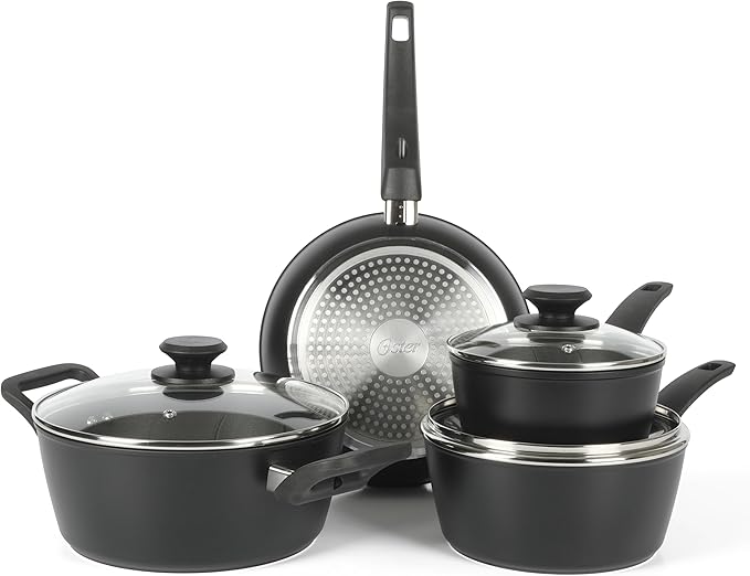 Oster Connelly 7 Piece Aluminum Premium Nonstick Pots and Pans Cookware Set W/Induction &amp Bakelite Stay Cool Handle - Black