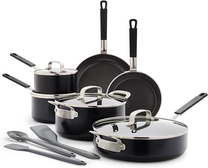 GreenPan x Bobby Flay 13 Piece Nonstick Cookware Pots and Pans Set PFAS-Free Diamond Ceramic Induction Suitable Easy Clean Dishwasher &amp Oven Safe Stay-Cool Silicone Handles Glass Lids Black