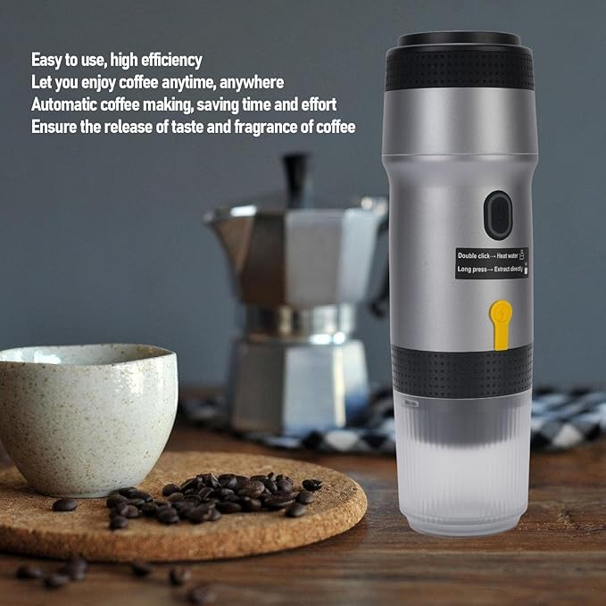 Portable Coffee Maker Automatic Capsule Coffee Machine with 304 Stainless Steel Construction Operating 75W 12V Power System and Compact Design for Outdoor Travel (Silver)
