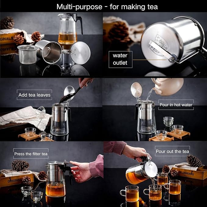 Pour Over Coffee Maker Set 304 Stainless Steel Coffee Dripper with On/Off Switch Borosilicate Glass Small Coffee Pot 50 Filter Papers Multi-Functional Immersion Drip Cafe Brewer Machine (1 250ml)