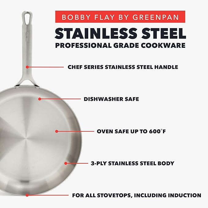 GreenPan x Bobby Flay 10 Piece Stainless Steel Cookware Set Tri-Ply Multiclad Pots &amp Pans Professional Grade Oven &amp Broiler Safe to 600°F Dishwasher Safe Durable Induction Compatible Si