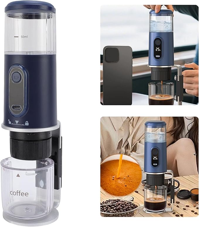 ciciglow Portable Electric Coffee Machine Cordless Handheld Coffee Machine for Camping Travel Outdoor Car Hiking Support Ground and Capsule Compact and Lightweight (Navy Blue)