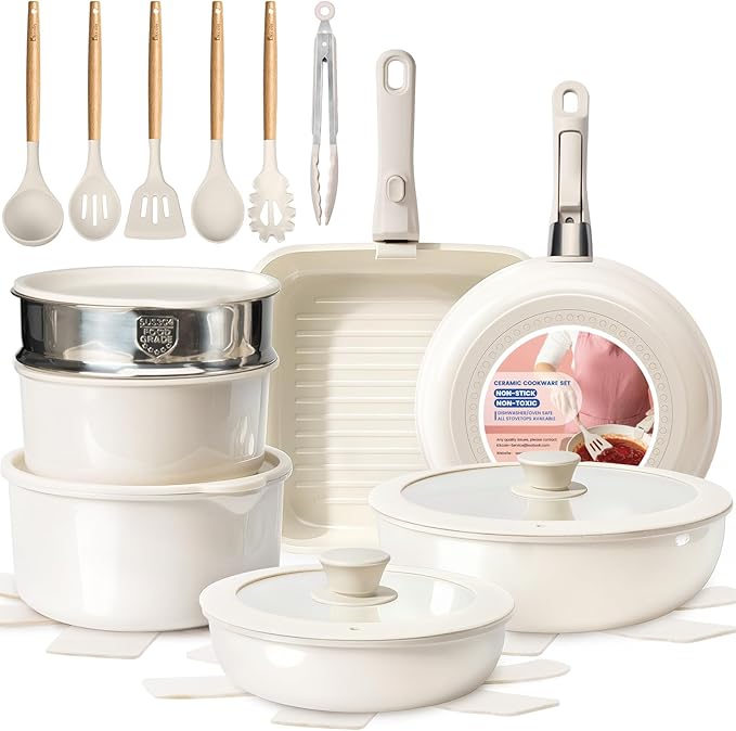 KIKCOIN Ceramic Cookware Set Non Stick Pots and Pans Set with Detachable Handle - 25 Pack Stackable Cooking Set for RV Kitchen - Induction Ready - Dishwasher and Oven Safe