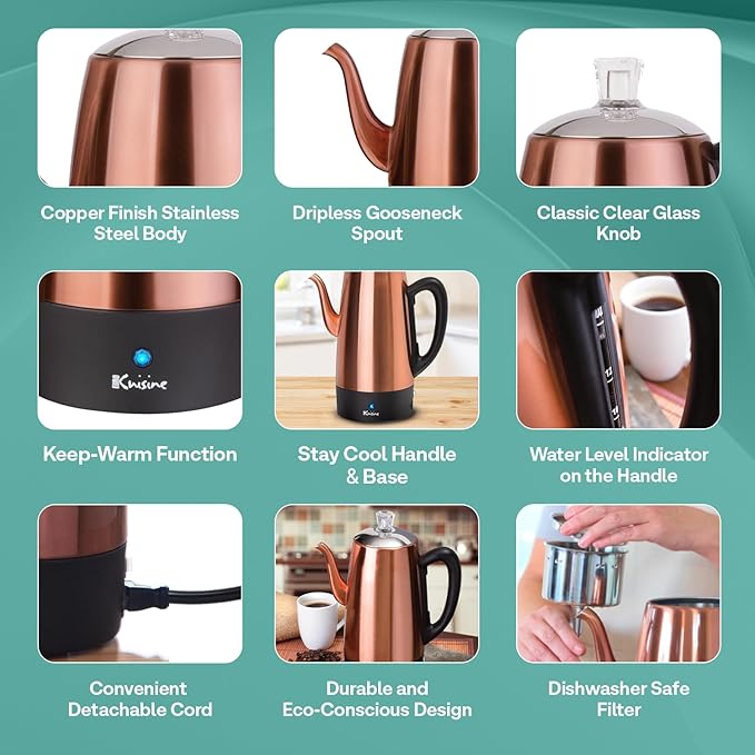 Euro Cuisine PER12 Stainless Steel Electric Coffee Percolator 12 Cup Polished Copper Finish Dripless Gooseneck Spout Clear Glass Knob Brewing Indication Keep-Warm Function Detachable Cord