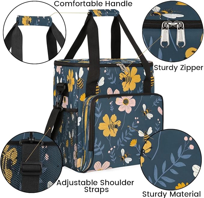 Cute Bee Flower Coffee Maker Carrying Bag Compatible with K-Mini or K-Mini Plus Portable Single Cup Coffee Maker Case with Pockets for K Cup Pods