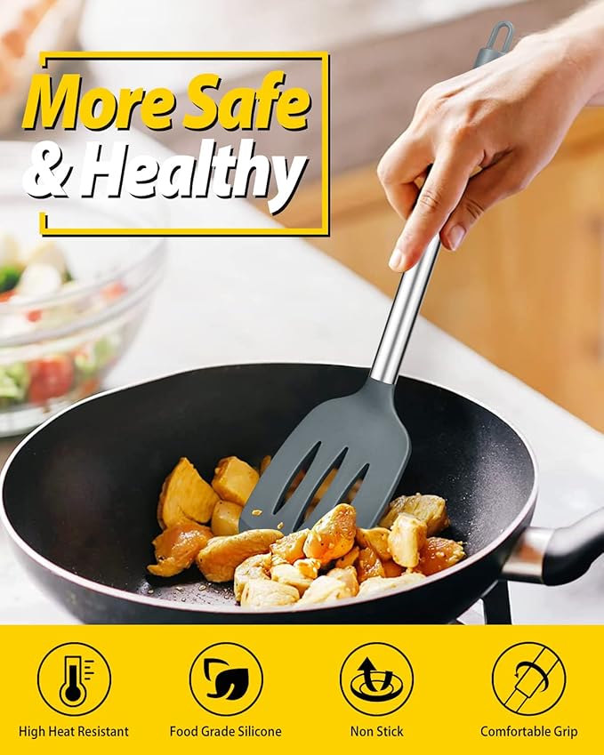 Pack of 4 Silicone Cooking Utensils Set Non Stick Large Solid Spatulas Heat Resistant Gray Slotted Spoons Ideal BPA Free Kitchen Turners for Frying MixingServingDrainingTurningStirring