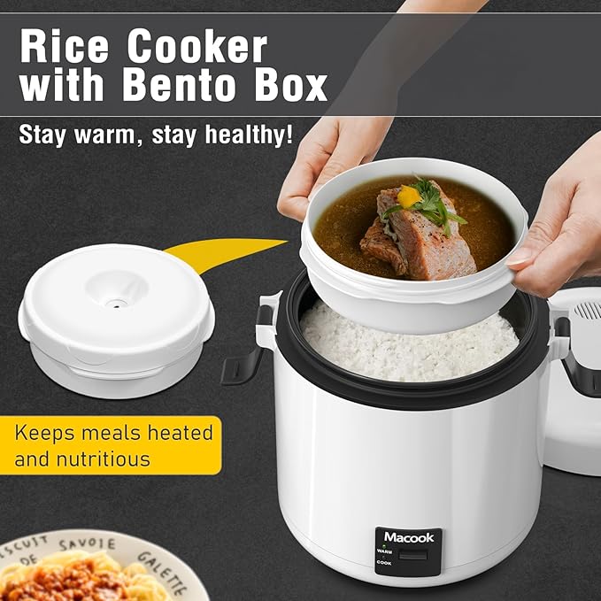 Mini Rice Cooker 1-1.5 Cups Uncooked(3 Cups Cooked) Rice Cooker Small with Bento Box Removable Nonstick Pot One Touch&ampKeep Warm Function Portable Cooker for Soup Grain Oatmeal Veggie Black