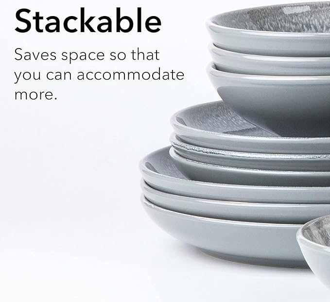 FAIT Round Stoneware 16pc Dinnerware Set for 4 Dinner Plates Side Plates Cereal Bowls Mugs - Reactive Glaze Grey (448158)