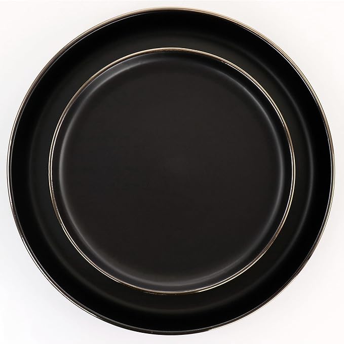 Elama Paul 16 Piece Stoneware Dinnerware Set in Matt Black with Gold Rim Matte Black 16 Piece Set (Arthur Paul Louis Set)