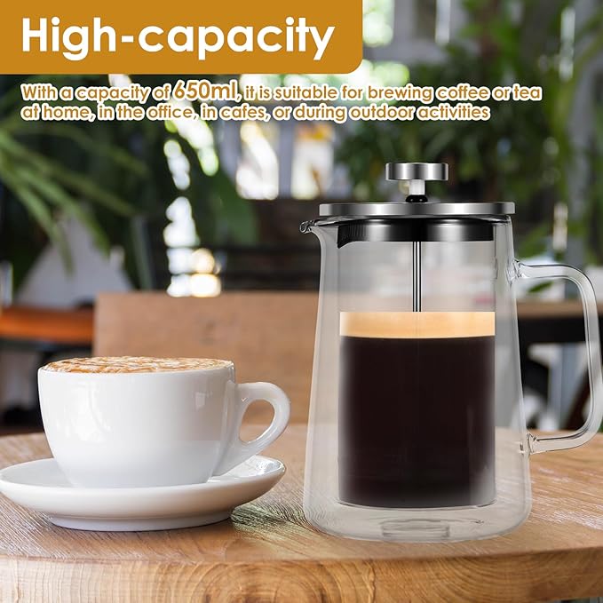 French Press Coffee Maker Double Wall Glass French Press French Press Tea Maker Insulated Glass Tea Press Clear Coffee Press Multifunctional Coffee Press Coffee Maker for Home Office (22.8 oz)