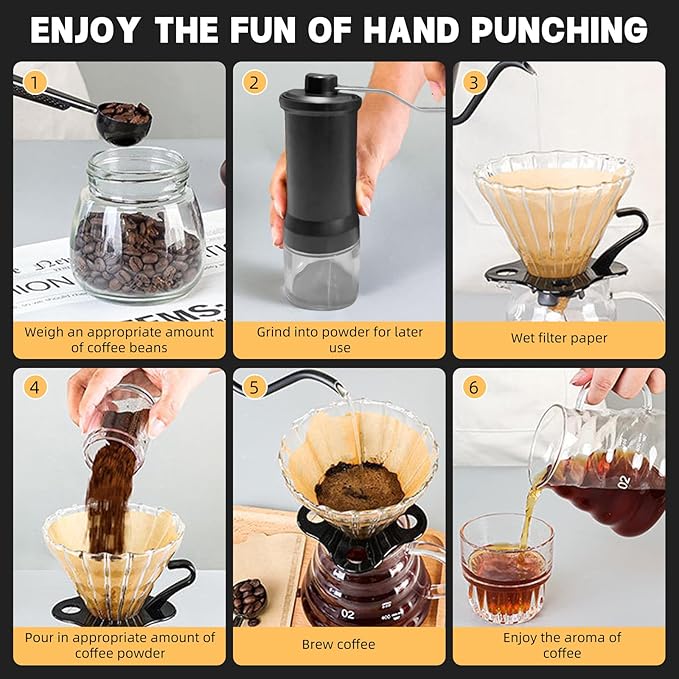 Pour Over Coffee Maker Set Manual Grinder Gooseneck Kettle with Thermometer Dripper Glass Carafe Filters Brush &amp Scoop Complete Hand Brew Coffee Gifts Kit for Coffee Lovers