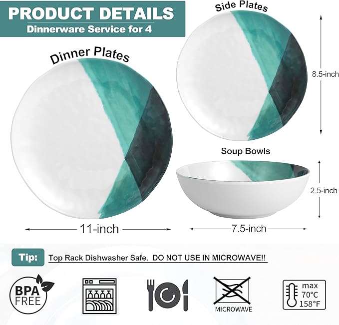 Melamine Plates and Bowls Set - 12pcs Dinnerware Dishes Set for 4 Dinner Plates for Indoor and Outdoor Use Lightweight Break-resistant Green &amp White