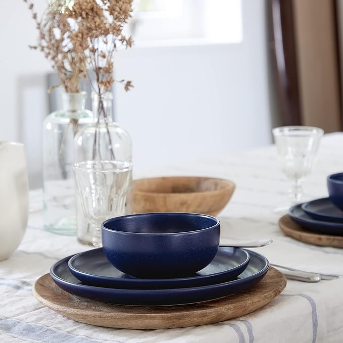 Casafina Ceramic Stoneware 18-Piece Place Setting Service for 6 with Cereal Bowls - Pacifica Collection Blueberry | Microwave &amp Dishwasher Safe Dinnerware Set | Food Safe Restaurant Quality Table