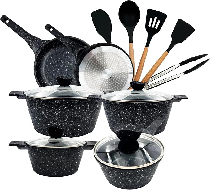 16Pcs Pots and Pans Sets Nonstick Cookware Set Kitchen Cooking Set Fry Pans Saute Pan/Gasserole/Saucepan with Lid Utensils Dishwasher Safe Black (PTFE/PFOA/PFAS/LEAD/CADMIUM Free)